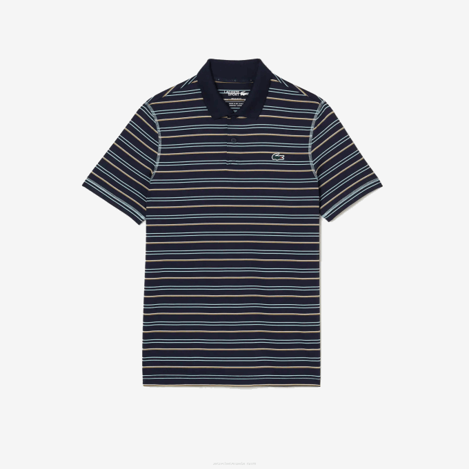 Men Lacoste V0ZN116 Navy Blue Green White Beige YIE Golf Recycled Polyester Stripe Polo - Image 4