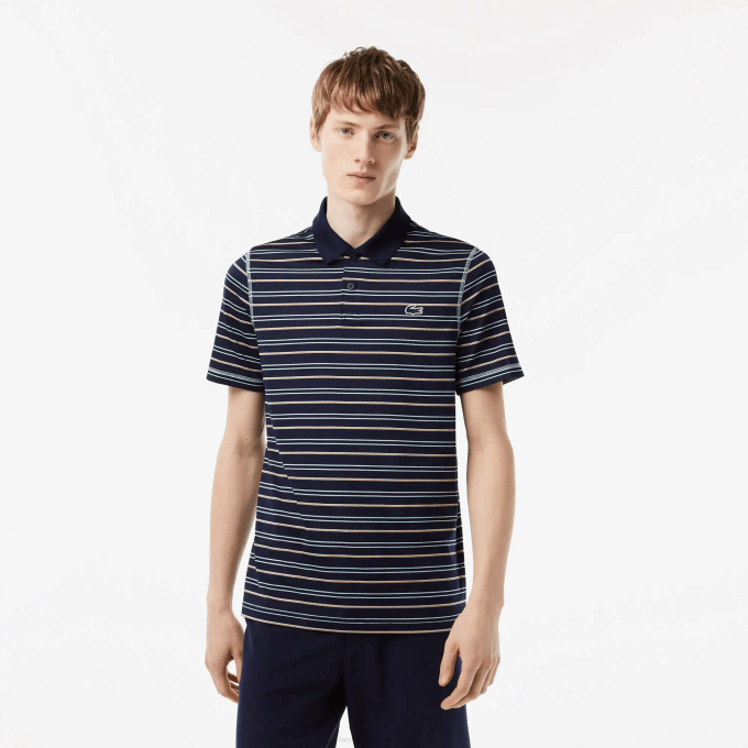 Men Lacoste V0ZN116 Navy Blue Green White Beige YIE Golf Recycled Polyester Stripe Polo - Image 1