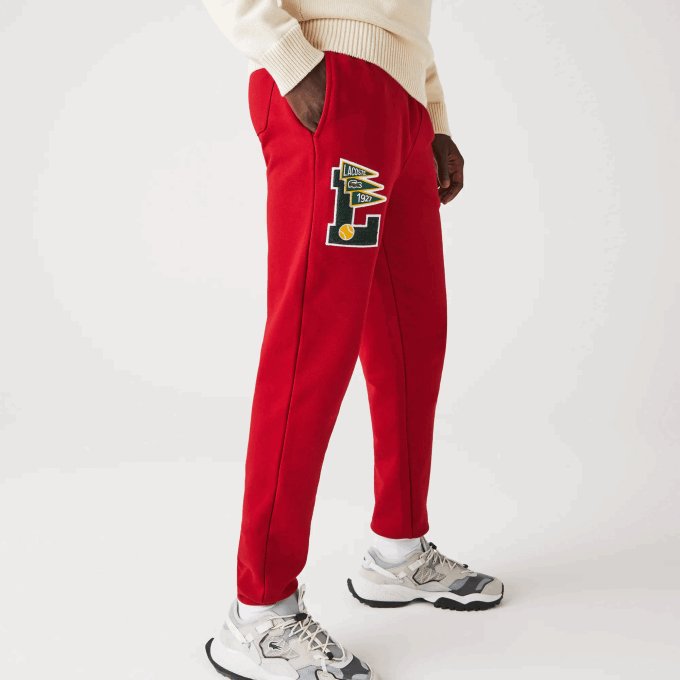 Men Lacoste V0ZN1170 Red 5SX Pennants L Badge Fleece Tracksuit Pants - Image 2