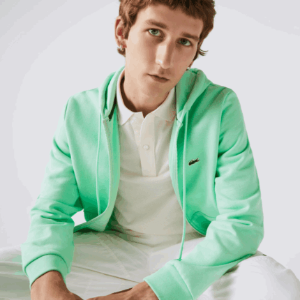 Men Lacoste V0ZN1171 Light Green 0VZ Kangaroo Pocket Fleece Zipped Sweatshirt