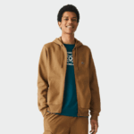 Men Lacoste V0ZN1176 Brown Z0W Kangaroo Pocket Fleece Zipped Sweatshirt - Image 2
