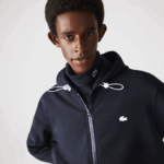 Men Lacoste V0ZN1177 Navy Blue HDE Hooded Cotton Blend Lettered Zip Sweatshirt