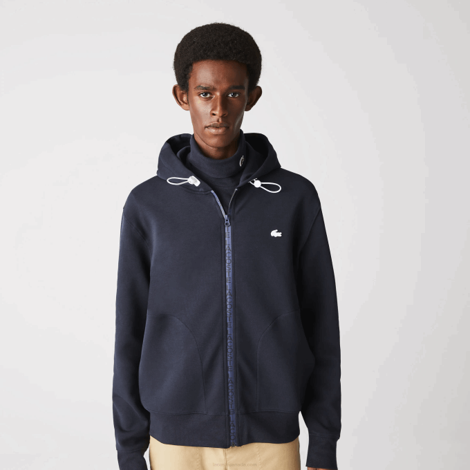 Men Lacoste V0ZN1177 Navy Blue HDE Hooded Cotton Blend Lettered Zip Sweatshirt - Image 4