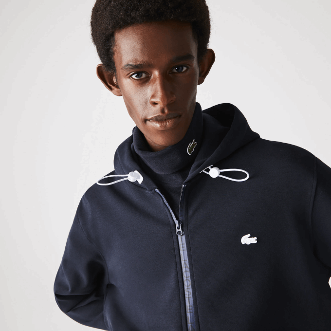 Men Lacoste V0ZN1177 Navy Blue HDE Hooded Cotton Blend Lettered Zip Sweatshirt - Image 1
