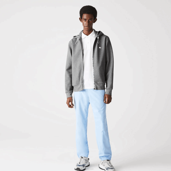Men Lacoste V0ZN1178 Grey Chine 1VQ Hooded Cotton Blend Lettered Zip Sweatshirt - Image 2