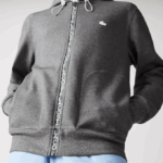 Men Lacoste V0ZN1178 Grey Chine 1VQ Hooded Cotton Blend Lettered Zip Sweatshirt - Image 6