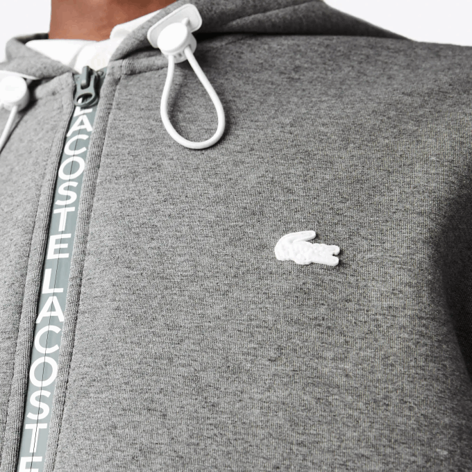Men Lacoste V0ZN1178 Grey Chine 1VQ Hooded Cotton Blend Lettered Zip Sweatshirt - Image 7