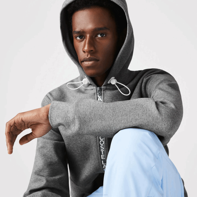 Men Lacoste V0ZN1178 Grey Chine 1VQ Hooded Cotton Blend Lettered Zip Sweatshirt - Image 1