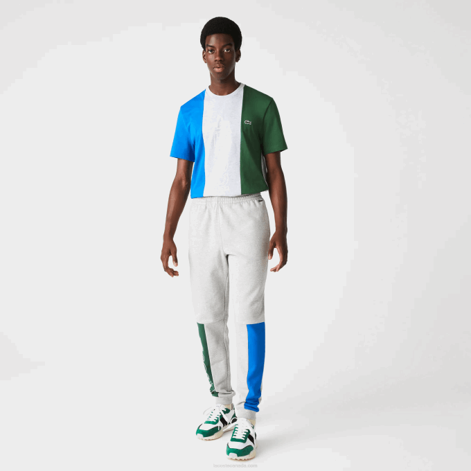 Men Lacoste V0ZN1179 Grey Chine Blue Green HKB Colorblock Cotton Fleece Blend Jogging Pants - Image 2