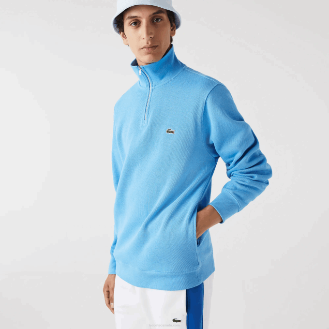 Men Lacoste V0ZN1184 Blue 4XA Zippered Stand-Up Collar Cotton Sweatshirt - Image 2