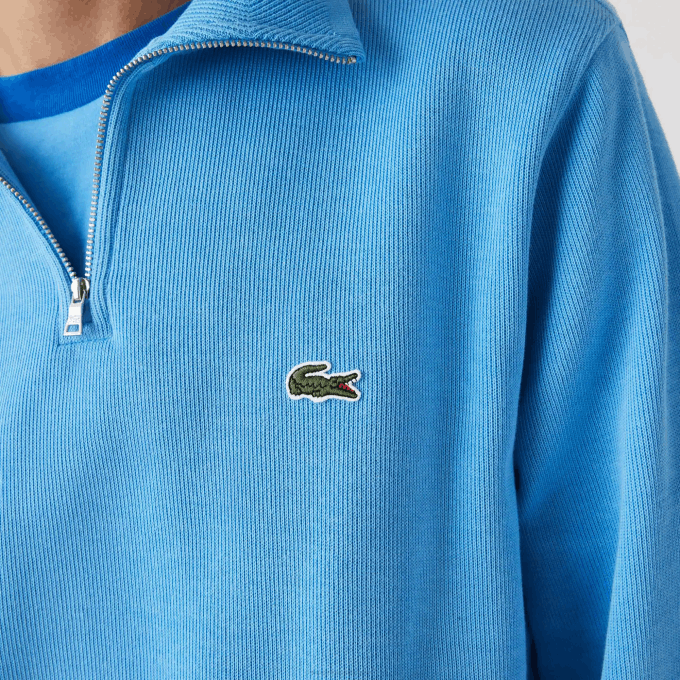 Men Lacoste V0ZN1184 Blue 4XA Zippered Stand-Up Collar Cotton Sweatshirt - Image 4