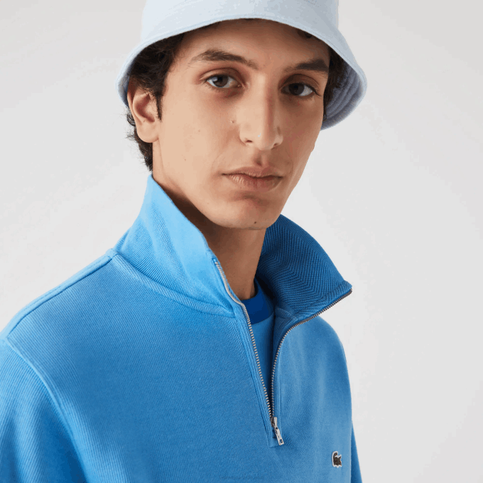 Men Lacoste V0ZN1184 Blue 4XA Zippered Stand-Up Collar Cotton Sweatshirt - Image 1