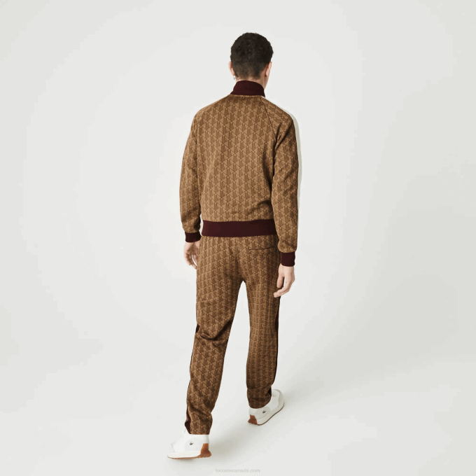 Men Lacoste V0ZN1186 Beige Bordeaux MKJ LIVE Monogram Jacquard Tracksuit Pants - Image 3