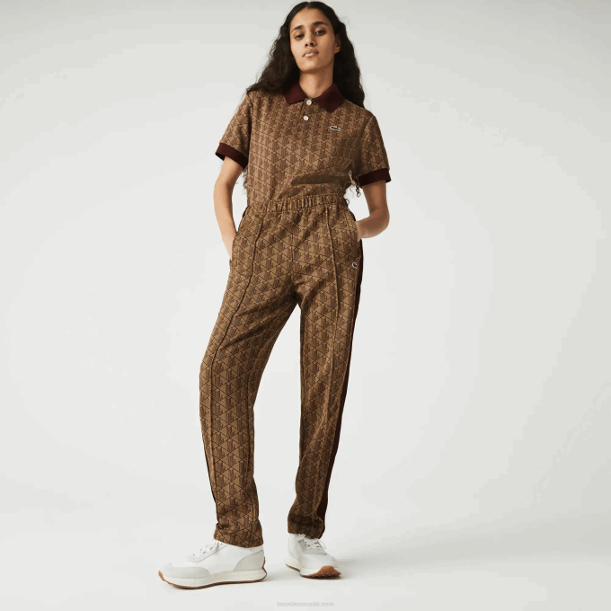Men Lacoste V0ZN1186 Beige Bordeaux MKJ LIVE Monogram Jacquard Tracksuit Pants - Image 4