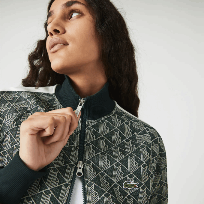 Men Lacoste V0ZN1188 Green Beige 7M4 LIVE Monogram Patterned Jacquard Zip Jacket - Image 6