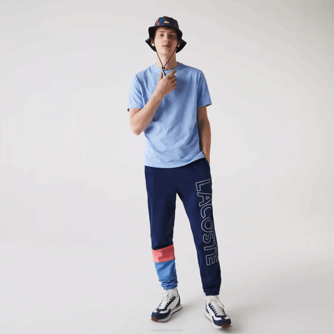 Men Lacoste V0ZN1189 Pink Blue UN4 Color-Block Fleece Trackpants - Image 2