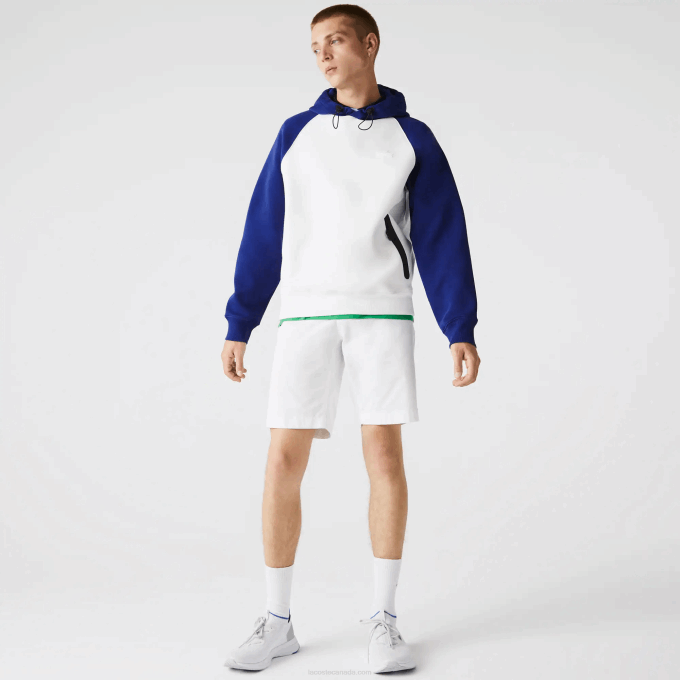 Men Lacoste V0ZN1190 White Blue EME Bicolor Hooded Contrast Zip Pocket Sweatshirt - Image 2