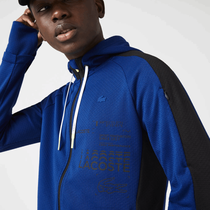 Men Lacoste V0ZN1191 Blue Black White PWH SPORT Contrast Band Hooded Jacket - Image 2