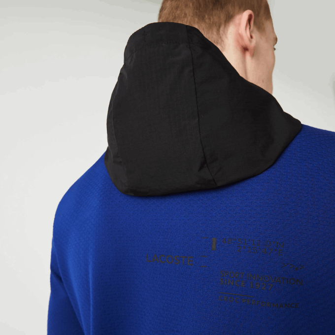 Men Lacoste V0ZN1193 Blue Black White PWH SPORT Nylon Contrast Hood Pullover Jacket - Image 4