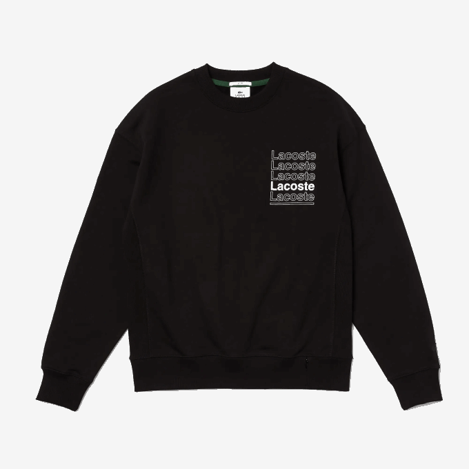 Men Lacoste V0ZN1197 Black 031 LIVE Loose Fit Crew Neck Print Fleece Sweatshirt - Image 2
