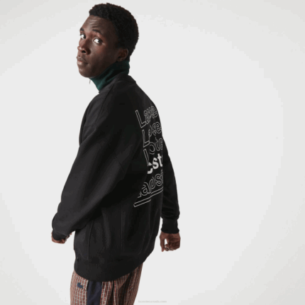 Men Lacoste V0ZN1197 Black 031 LIVE Loose Fit Crew Neck Print Fleece Sweatshirt