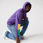 Men Lacoste V0ZN1198 Purple Yellow Green 1CV Hooded Colorblock Fleece Zip Sweatshirt - Image 4