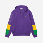 Men Lacoste V0ZN1198 Purple Yellow Green 1CV Hooded Colorblock Fleece Zip Sweatshirt - Image 5