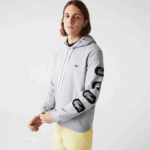 Men Lacoste V0ZN1200 Grey CCA Hooded Print Sleeve Fleece Sweatshirt - Image 2