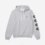 Men Lacoste V0ZN1200 Grey CCA Hooded Print Sleeve Fleece Sweatshirt - Image 4