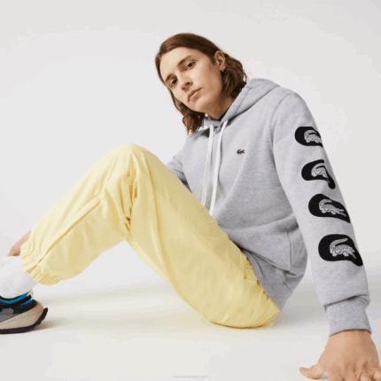 Men Lacoste V0ZN1200 Grey CCA Hooded Print Sleeve Fleece Sweatshirt