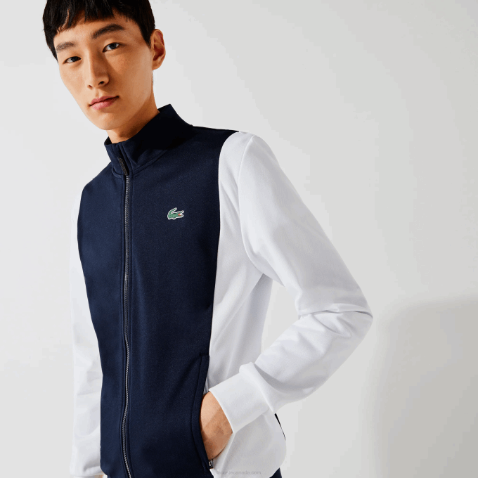 Men Lacoste V0ZN1205 White Navy Blue R20 SPORT Pique Zip Sweatshirt - Image 7