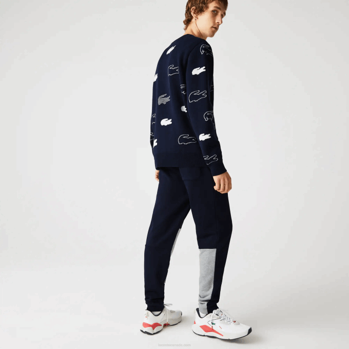 Men Lacoste V0ZN1206 Navy Blue 166 Heritage Destructured Branding Cotton Fleece Jogging Pants - Image 2