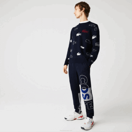 Men Lacoste V0ZN1206 Navy Blue 166 Heritage Destructured Branding Cotton Fleece Jogging Pants