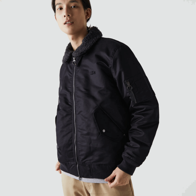 Men Lacoste V0ZN1214 Dark Grey Navy Blue 2T9 Sherpa Collar Padded Bomber Jacket - Image 1