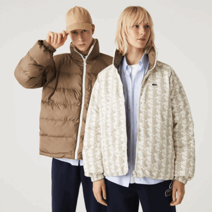 Men Lacoste V0ZN1225 White Beige 7DX Water-Repellent Reversible Jacket