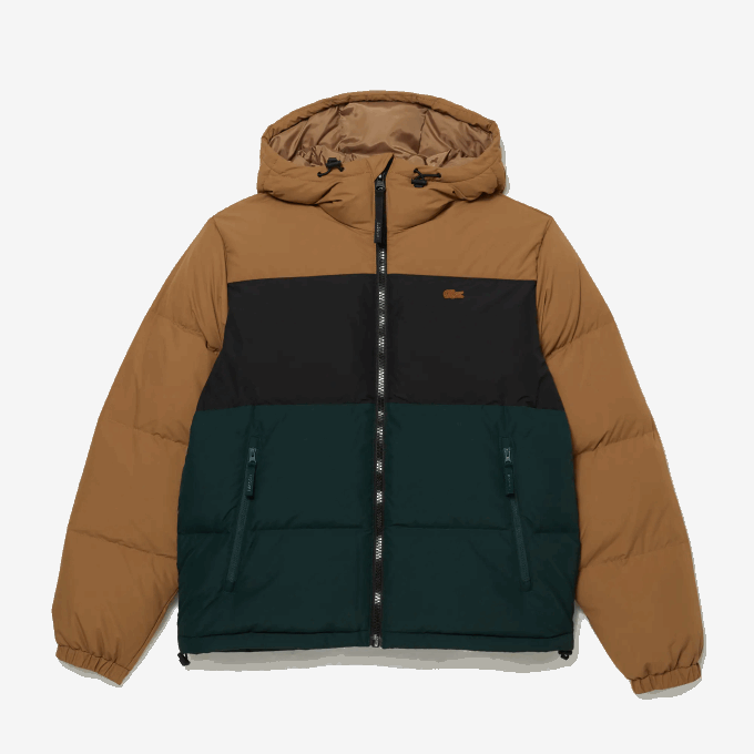 Men Lacoste V0ZN1227 Brown Black Green TPV Quilted Colorblock Water-Repellent Jacket - Image 5