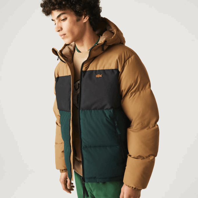 Men Lacoste V0ZN1227 Brown Black Green TPV Quilted Colorblock Water-Repellent Jacket - Image 1