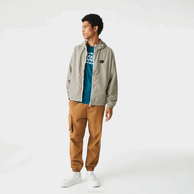 Men Lacoste V0ZN1232 Beige Navy White Khaki Green 87E Hooded Check Twill Jacket - Image 2