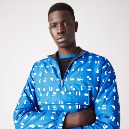 Men Lacoste V0ZN1236 White Black Blue SBM SPORT Reversible Water-Repellent Tennis Jacket