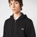 Men Lacoste V0ZN1240 Black 031 Printed Bands Hooded Zip Sweatshirt - Image 3