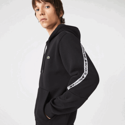Men Lacoste V0ZN1240 Black 031 Printed Bands Hooded Zip Sweatshirt