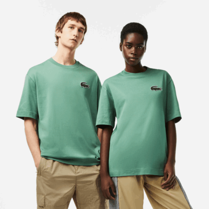 Men Lacoste V0ZN125 Khaki Green KX5 Loose Fit Large Crocodile Organic Cotton T-Shirt