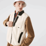Men Lacoste V0ZN1263 White Khaki Green U9N Sherpa Fleece Vest