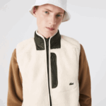 Men Lacoste V0ZN1263 White Khaki Green U9N Sherpa Fleece Vest - Image 6