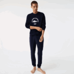Men Lacoste V0ZN1268 Navy Blue White 525 Regular Fit Terrycloth Lounge Sweatshirt - Image 2
