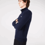 Men Lacoste V0ZN1270 Navy Blue 166 Regular Fit Brushed Fleece Zippered Sweatshirt - Image 4