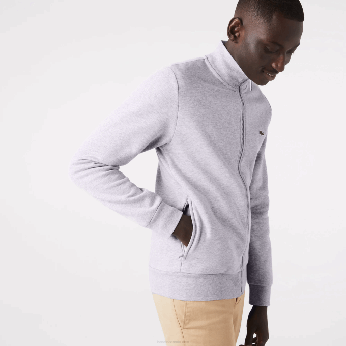 Men Lacoste V0ZN1272 Grey Chine CCA Regular Fit Brushed Fleece Zippered Sweatshirt - Image 6
