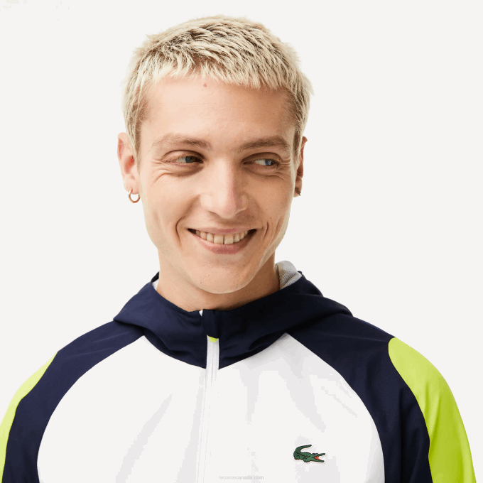 Men Lacoste V0ZN1274 White Navy Blue Yellow 6F5 SPORT Color-Block Tennis Jacket - Image 4