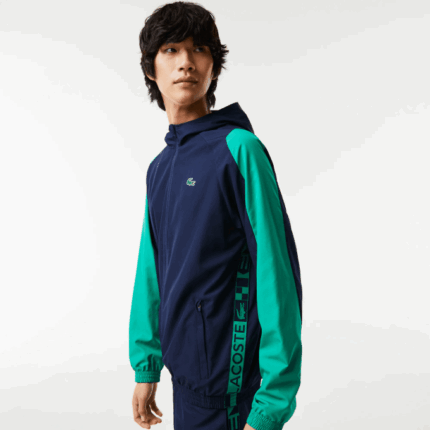 Men Lacoste V0ZN1275 Navy Blue Green X1E SPORT Color-Block Tennis Jacket