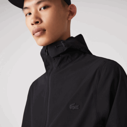 Men Lacoste V0ZN1284 Black 031 Hooded Lettering Light Zip Jacket